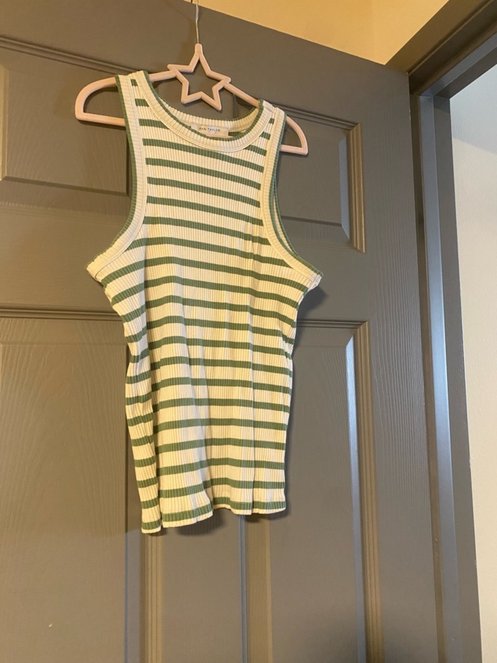 Ann Taylor Weekend White and Sage Green Striped Ribbed Tank
